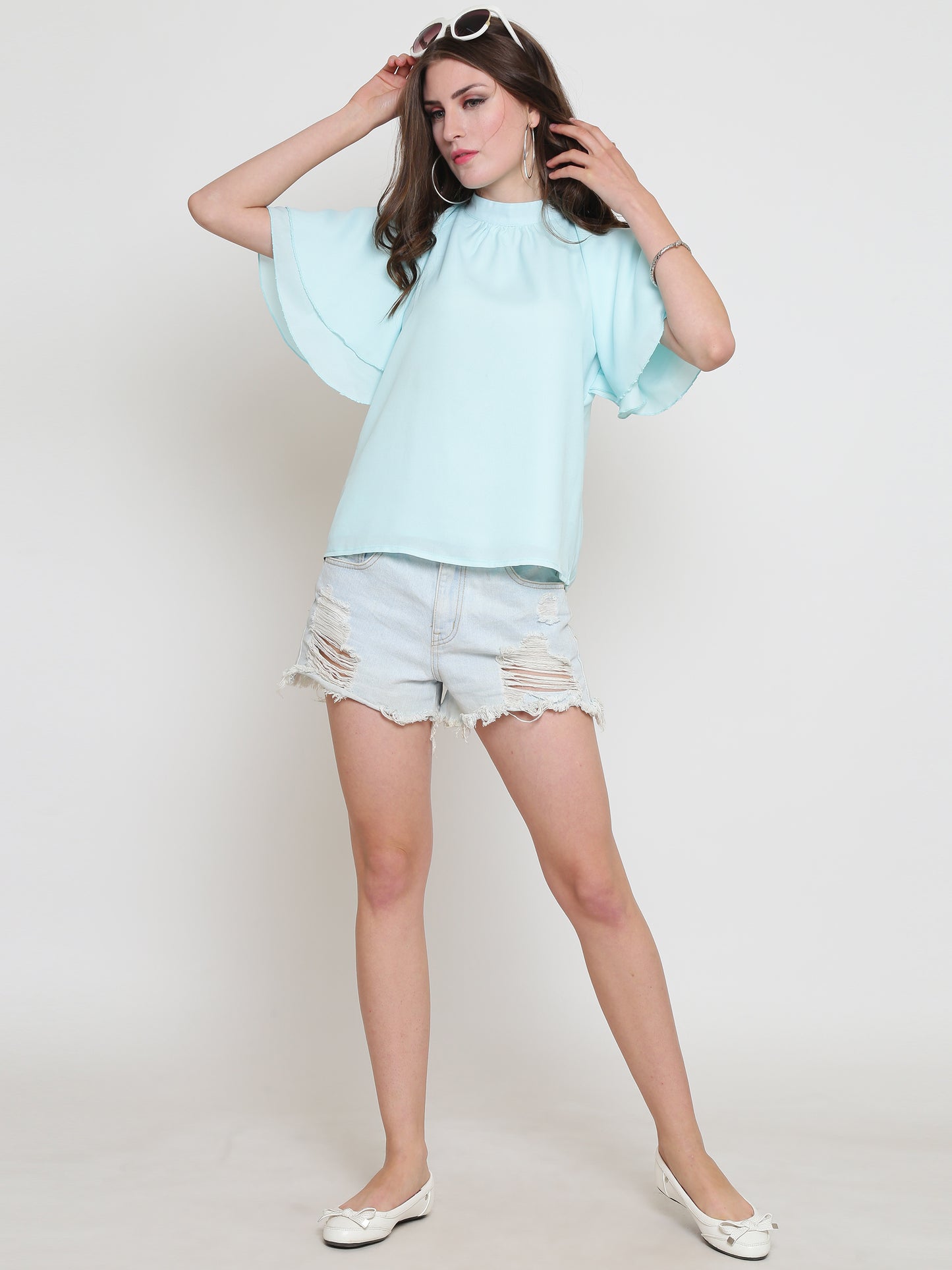 Aqua Blue Flared Sleeve Top