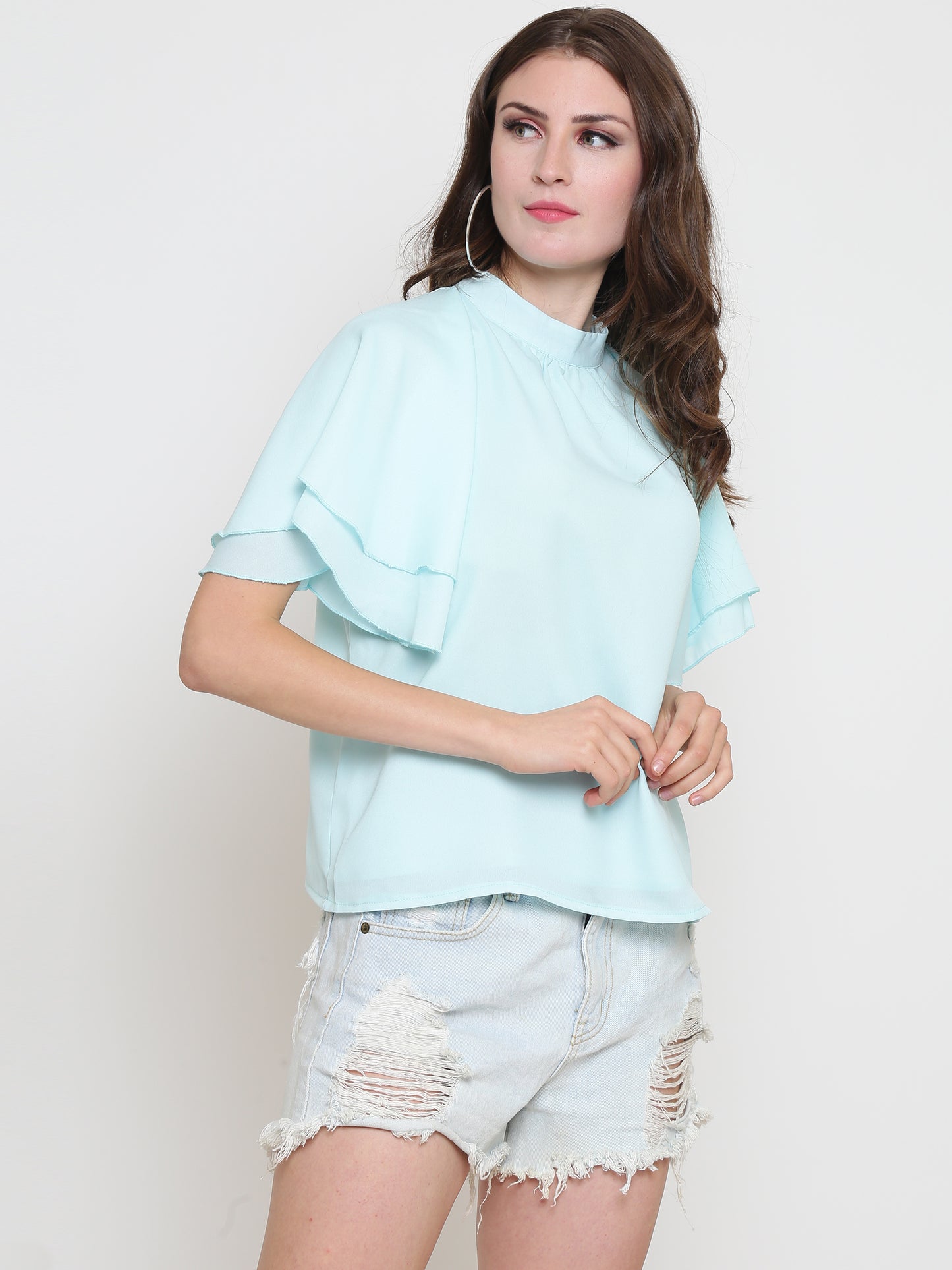 Aqua Blue Flared Sleeve Top
