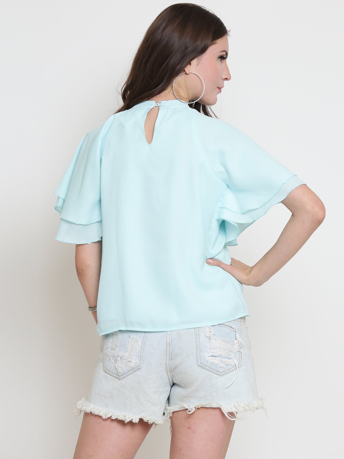 Aqua Blue Flared Sleeve Top
