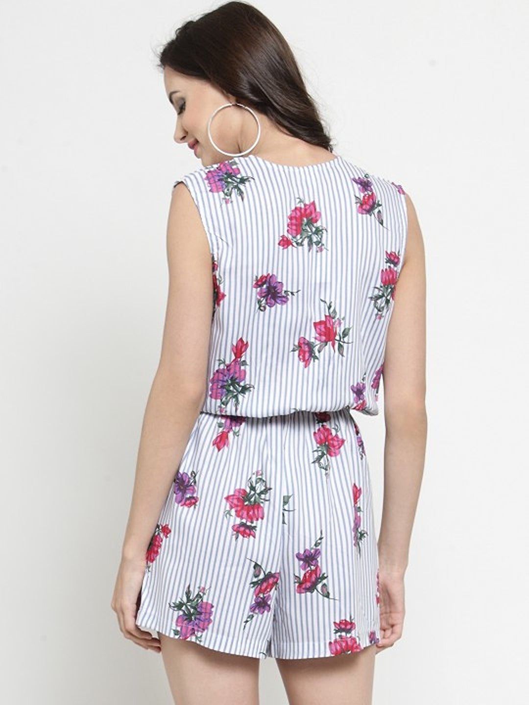 White and Blue Floral Print Playsuit