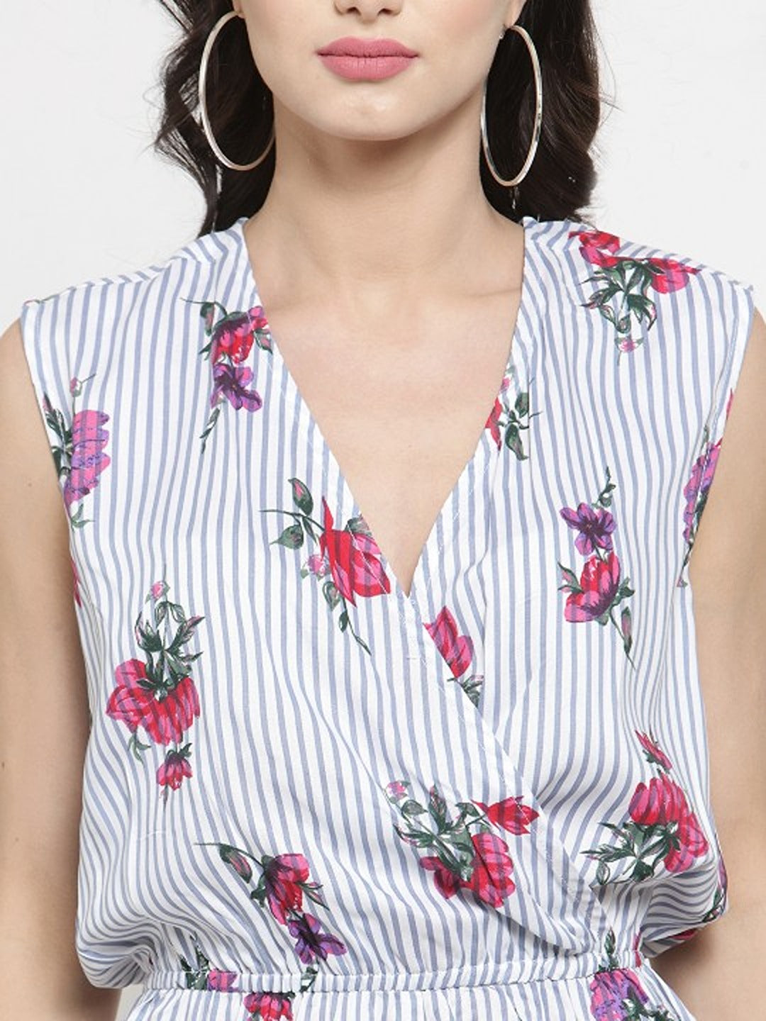 White and Blue Floral Print Playsuit
