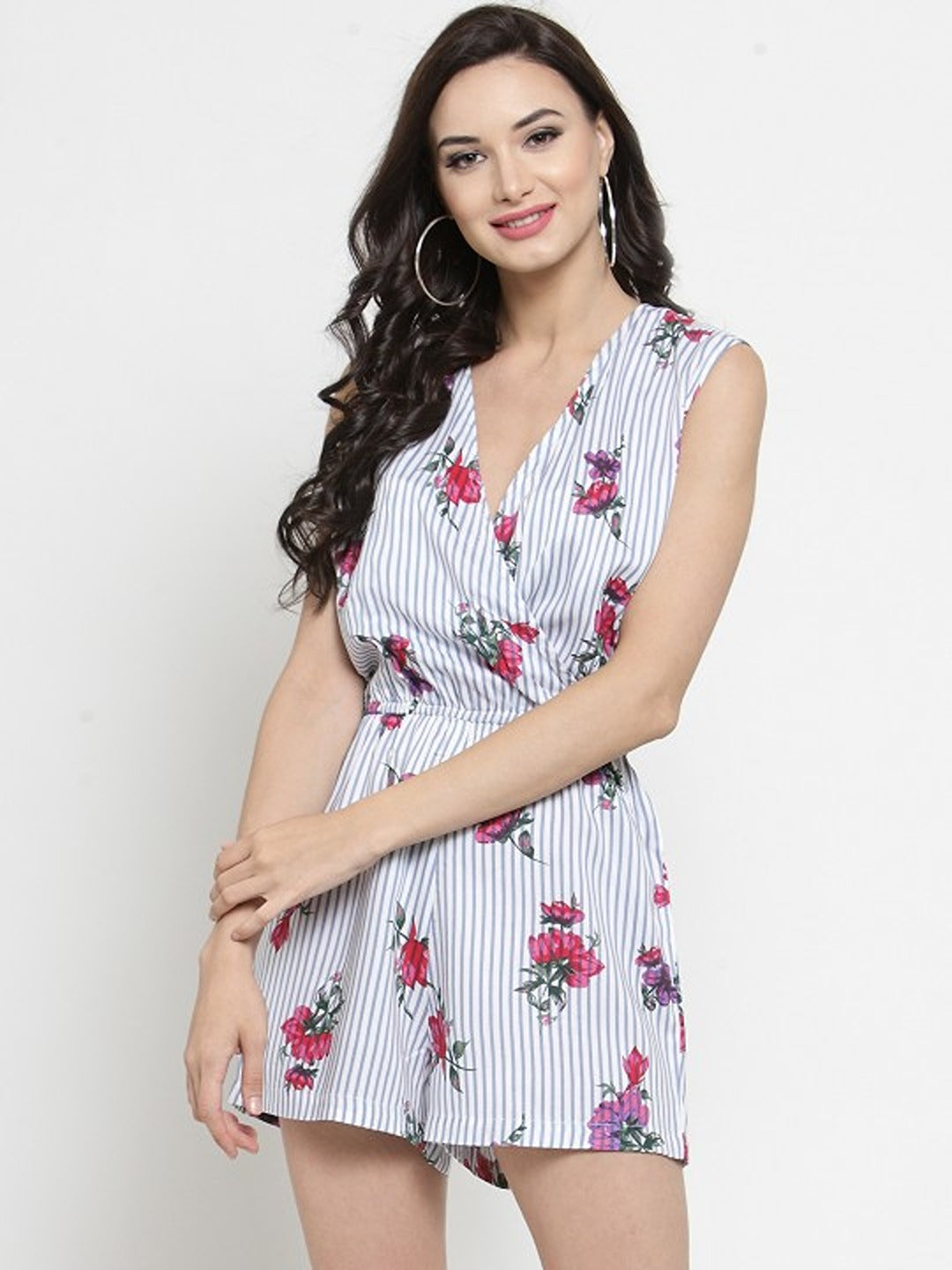 White and Blue Floral Print Playsuit
