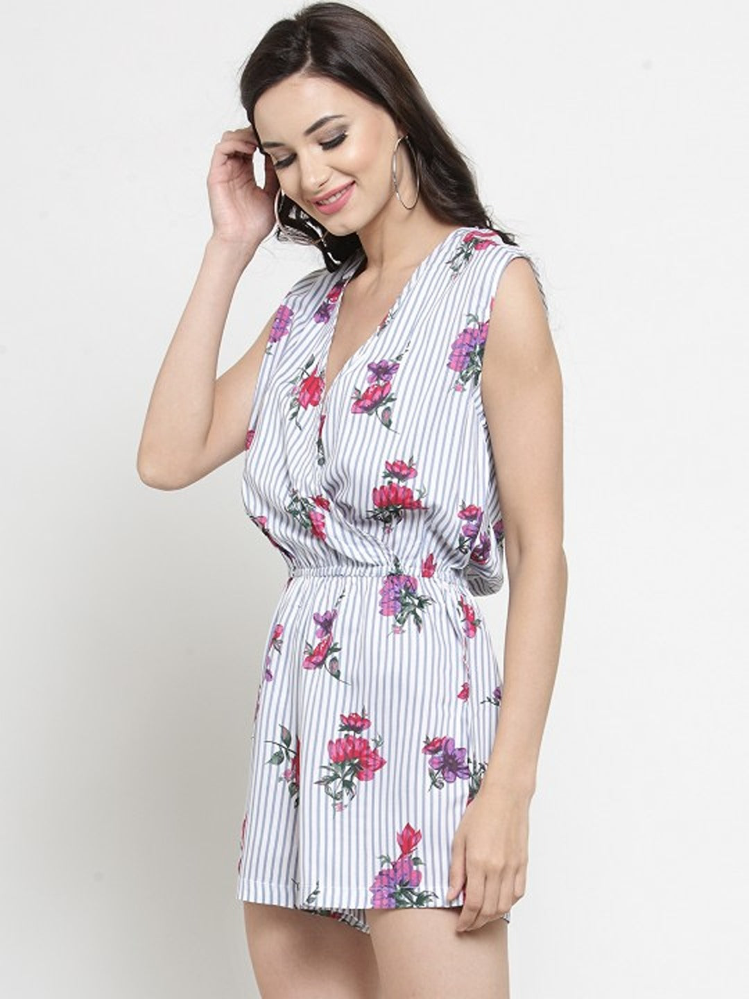 White and Blue Floral Print Playsuit