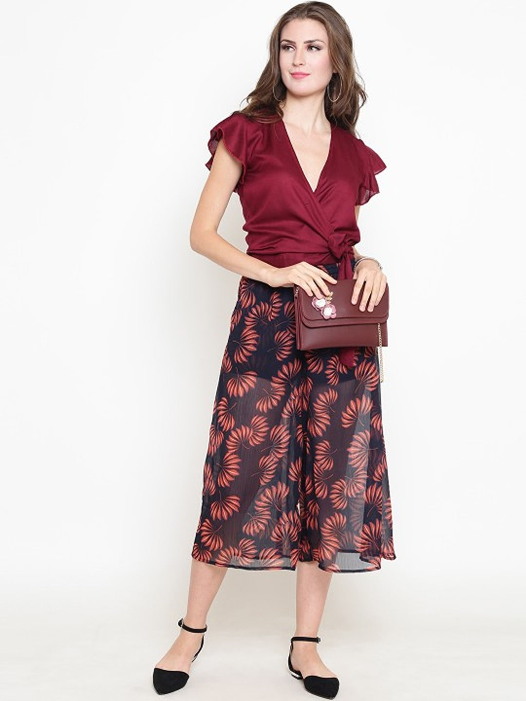Maroon Flared Sleeve overlap top