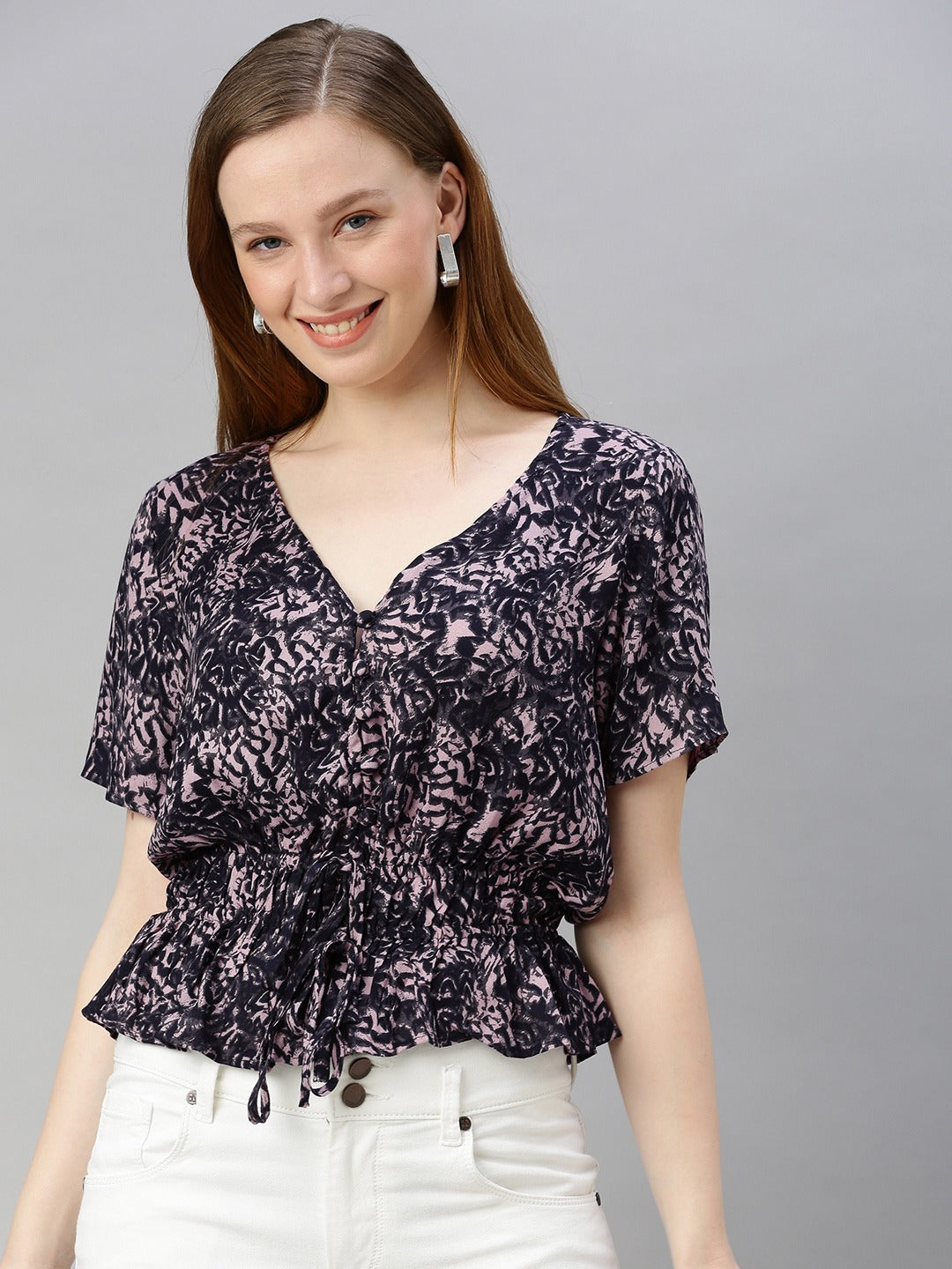 Black & Pink Printed Cinched Waist Top
