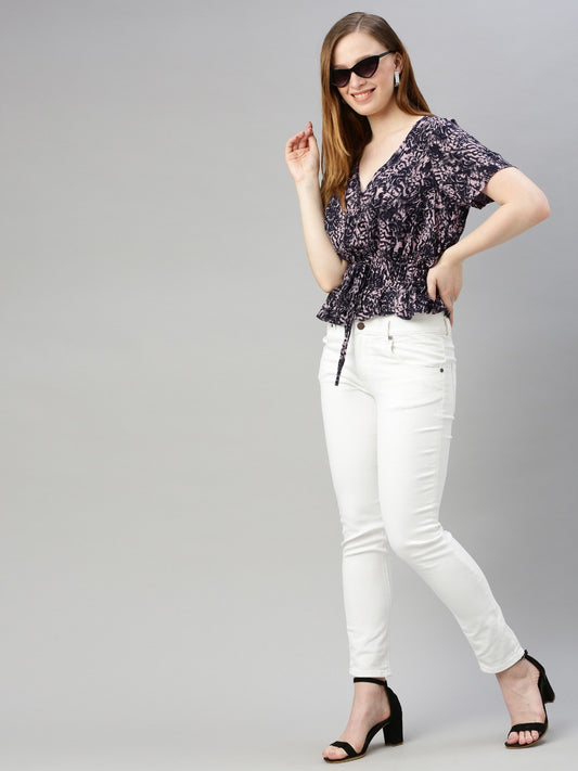 Black & Pink Printed Cinched Waist Top