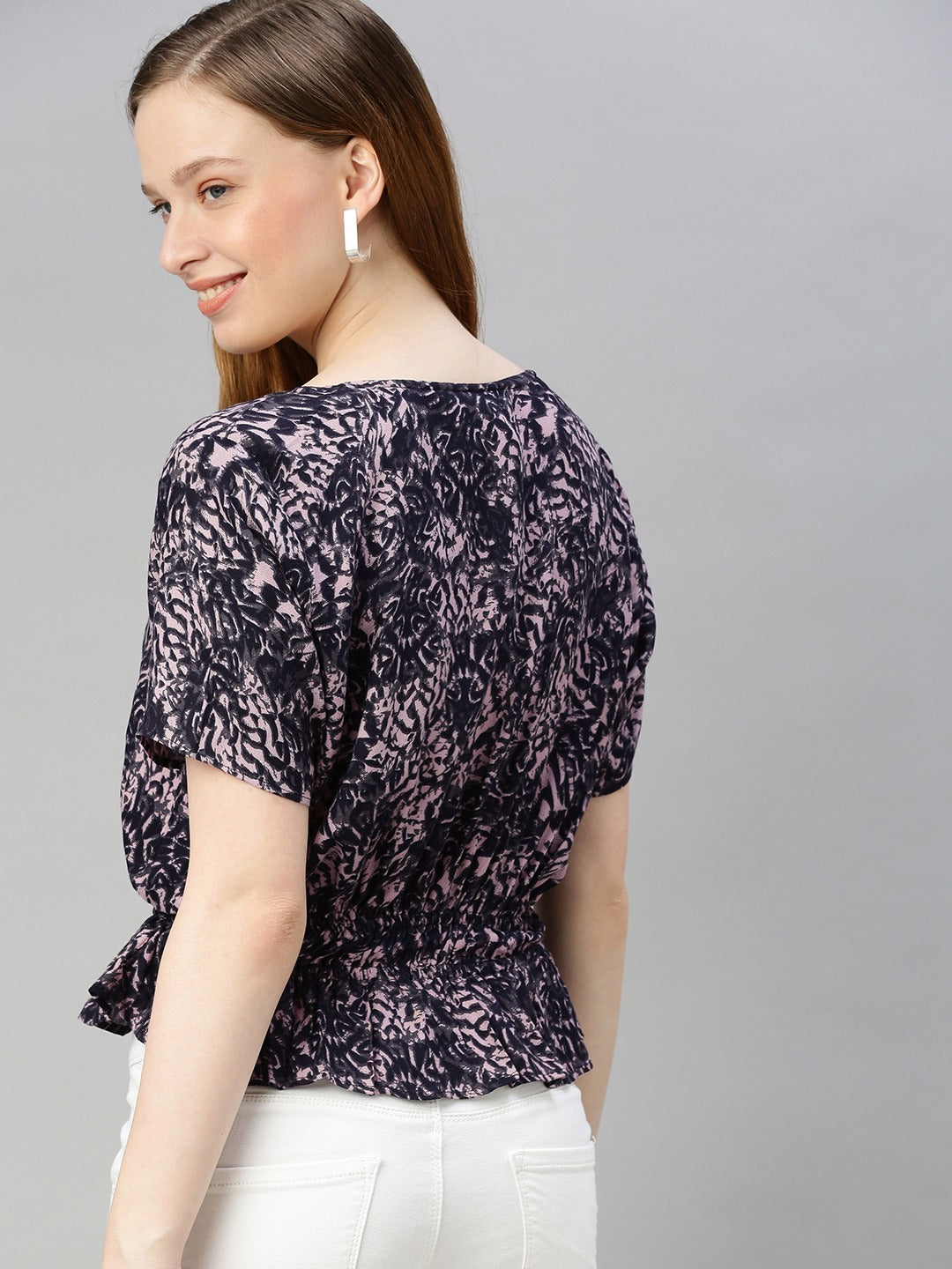 Black & Pink Printed Cinched Waist Top