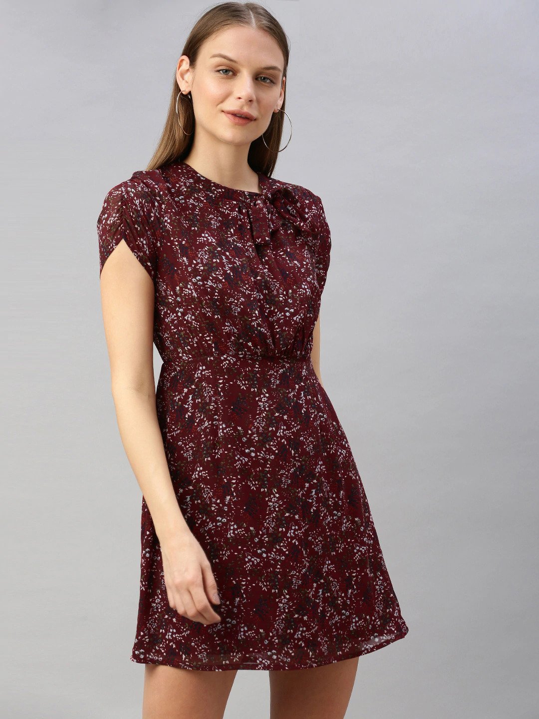 Burgundy & White Ditsy Floral Printed A-Line Dress