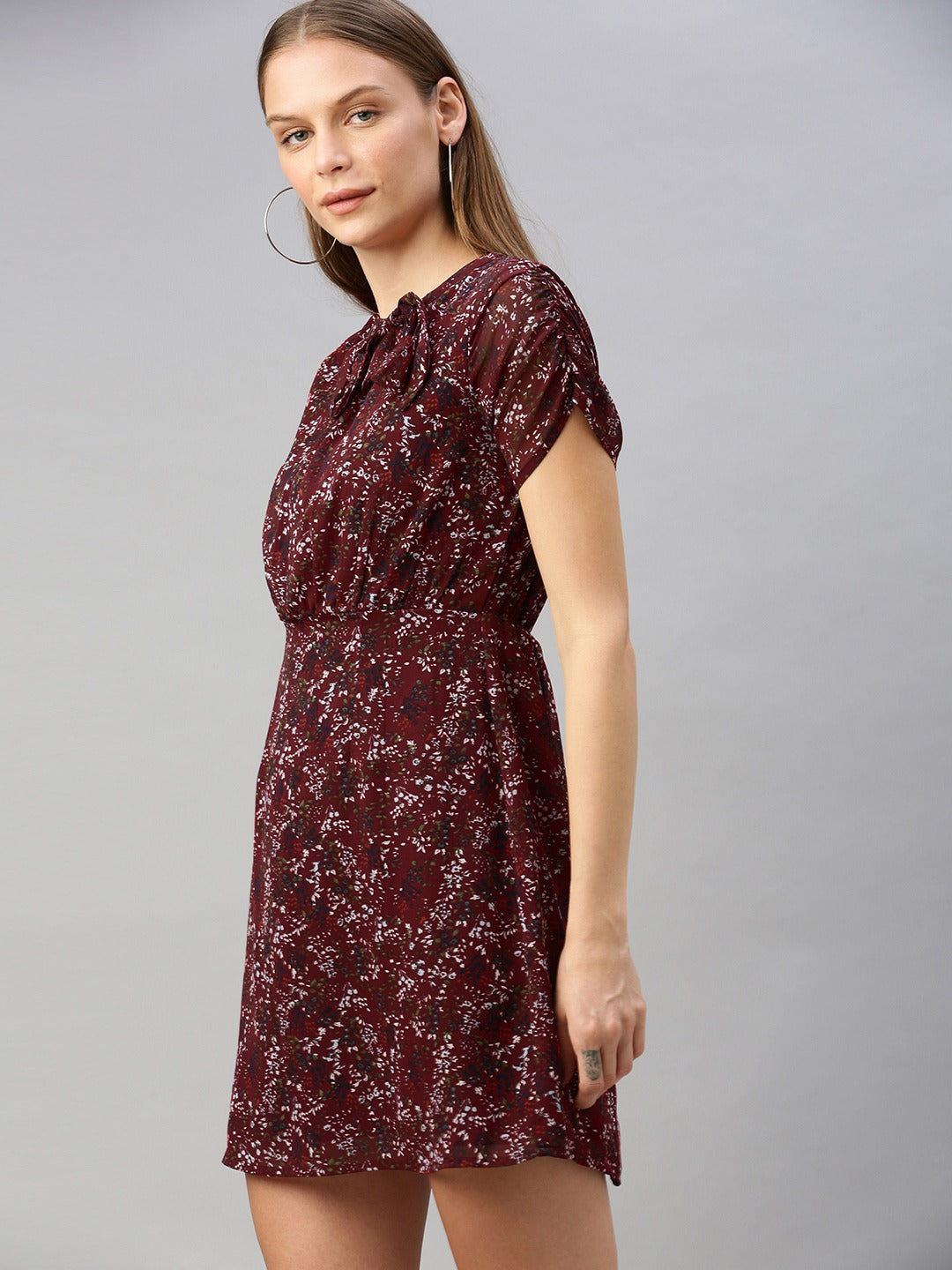Burgundy & White Ditsy Floral Printed A-Line Dress