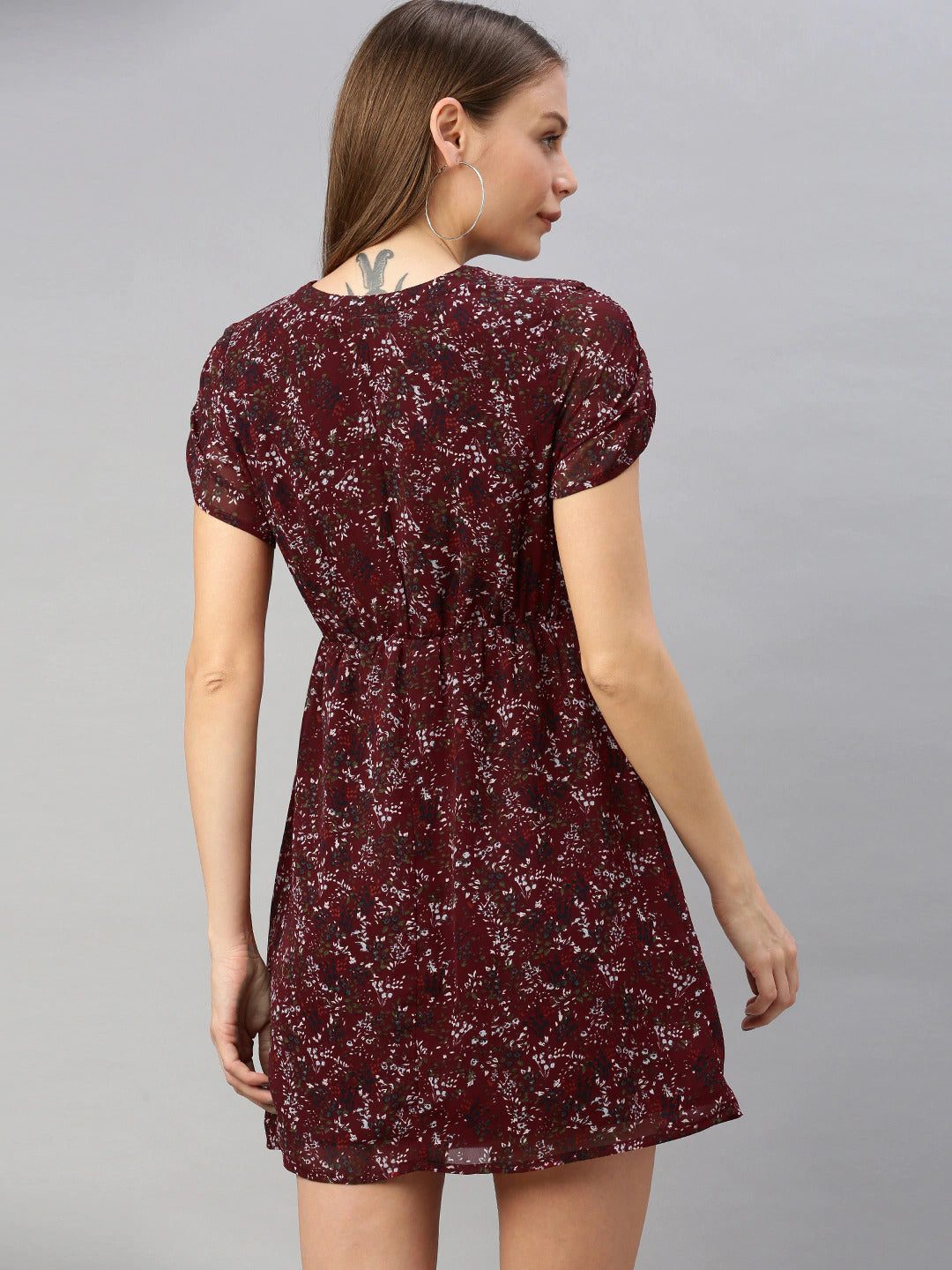 Burgundy & White Ditsy Floral Printed A-Line Dress