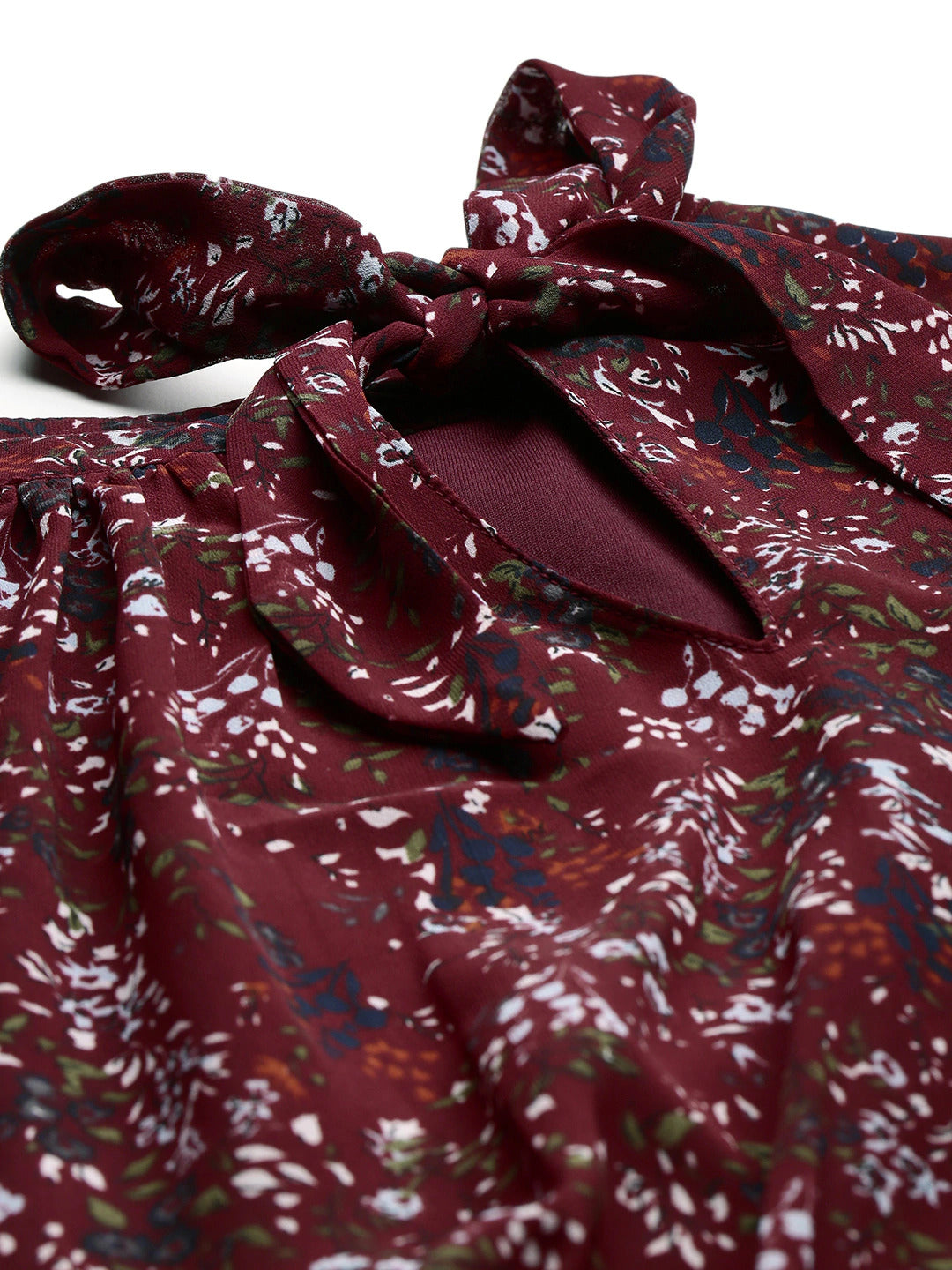 Burgundy & White Ditsy Floral Printed A-Line Dress
