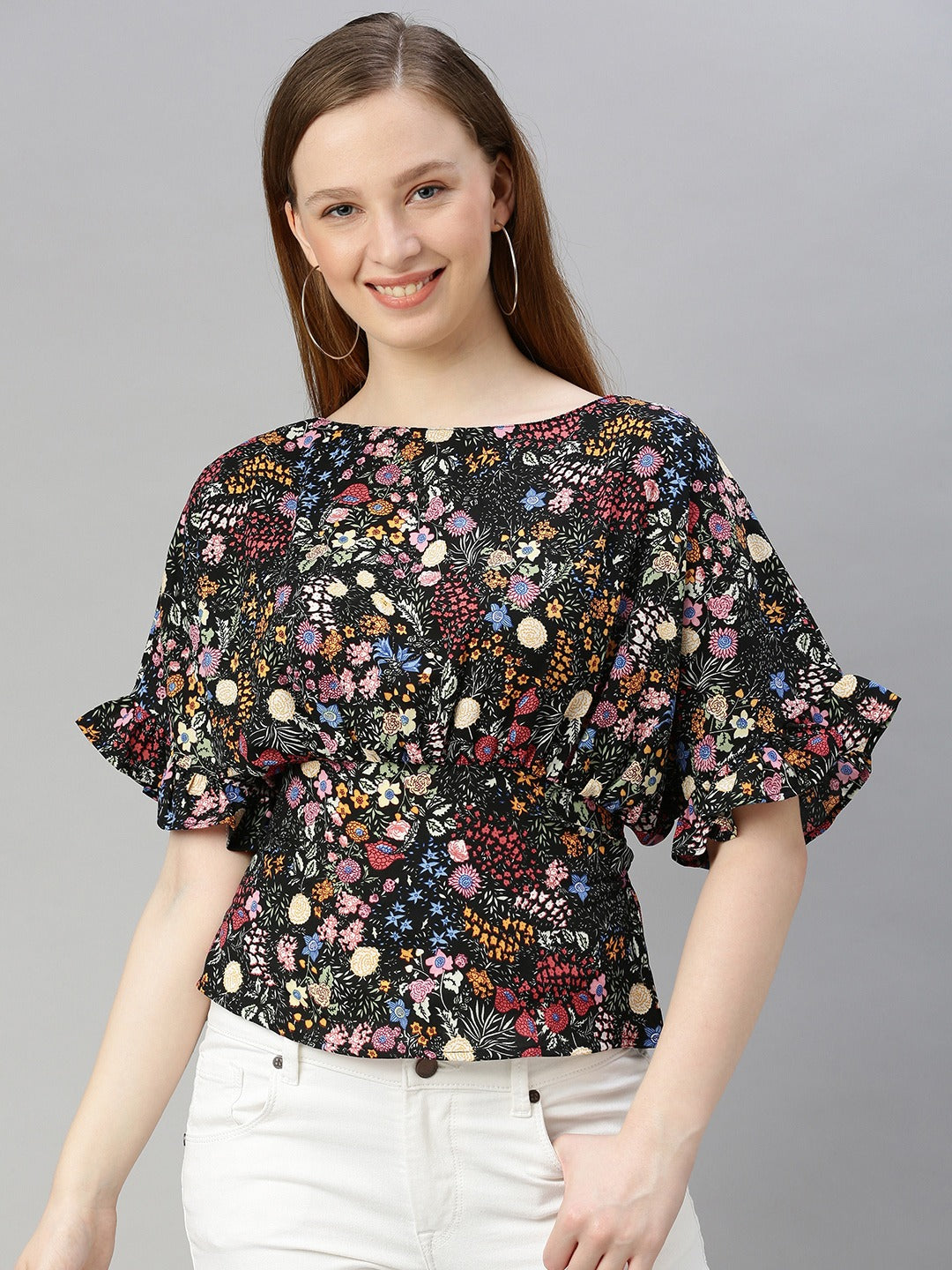 Multicoloured Floral Printed Styled Back Top with Tie-Up Detail