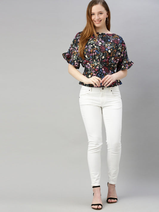 Multicoloured Floral Printed Styled Back Top with Tie-Up Detail
