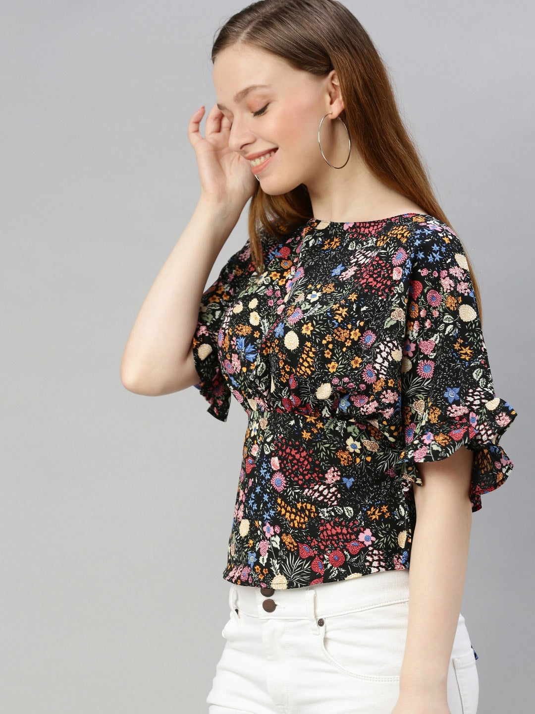 Multicoloured Floral Printed Styled Back Top with Tie-Up Detail