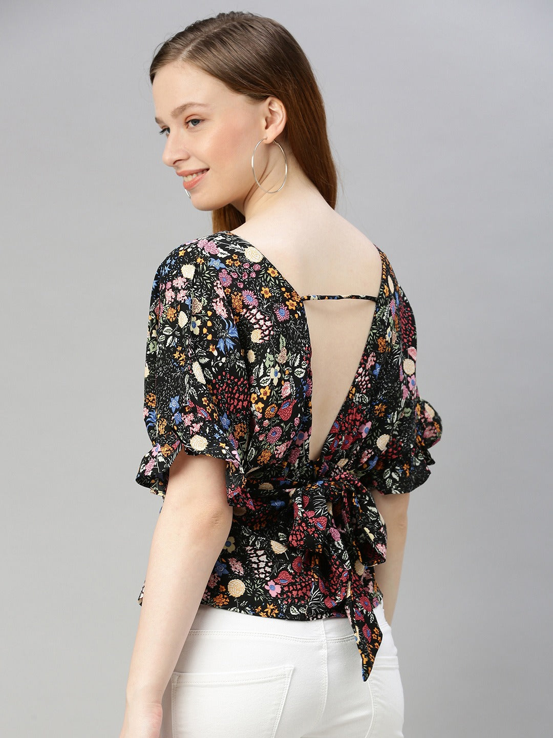 Multicoloured Floral Printed Styled Back Top with Tie-Up Detail