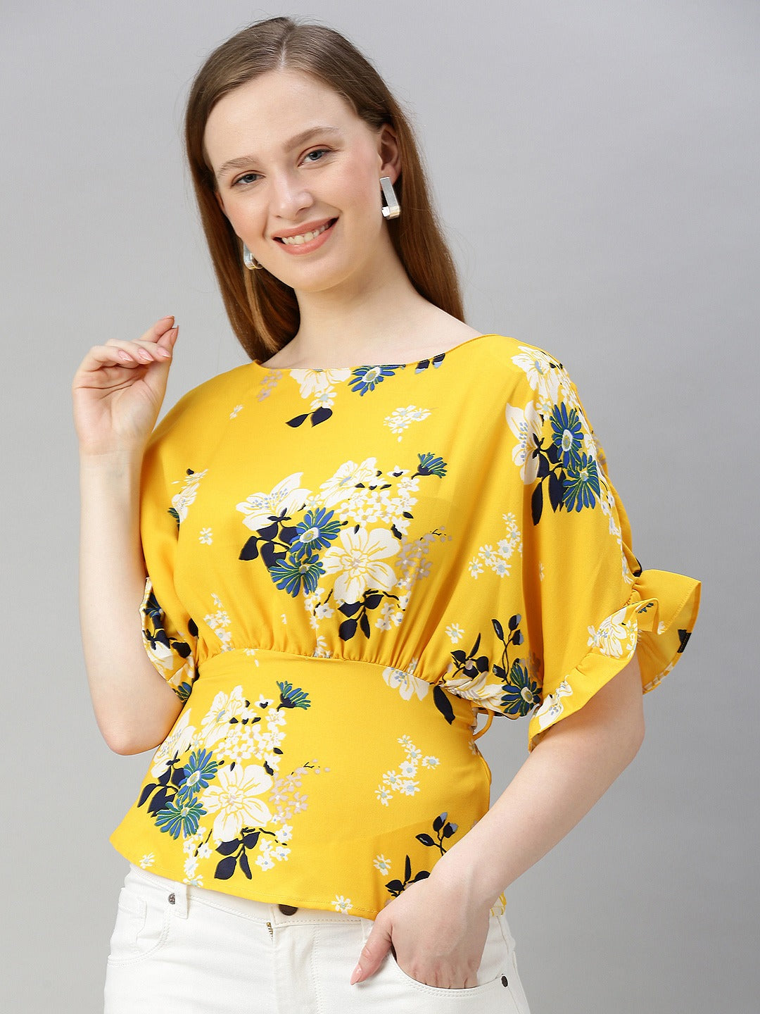 Yellow Floral Printed Styled Back Top with Tie-Up Detail