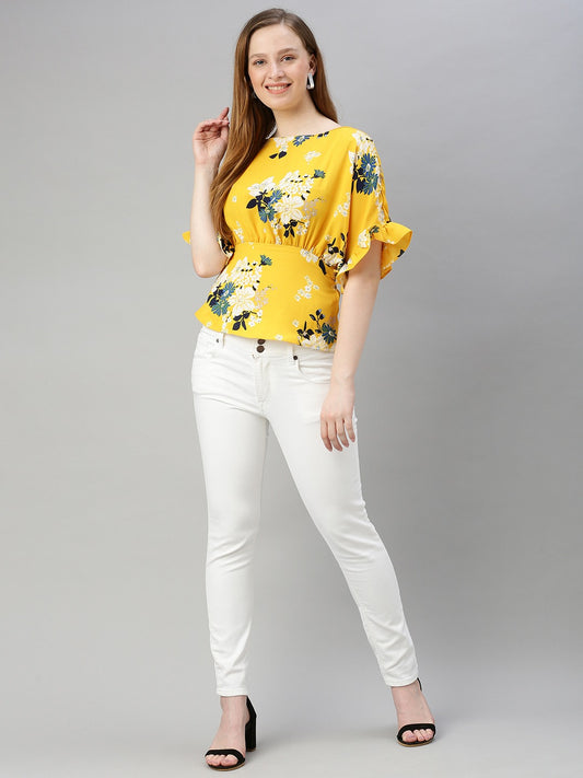 Yellow Floral Printed Styled Back Top with Tie-Up Detail
