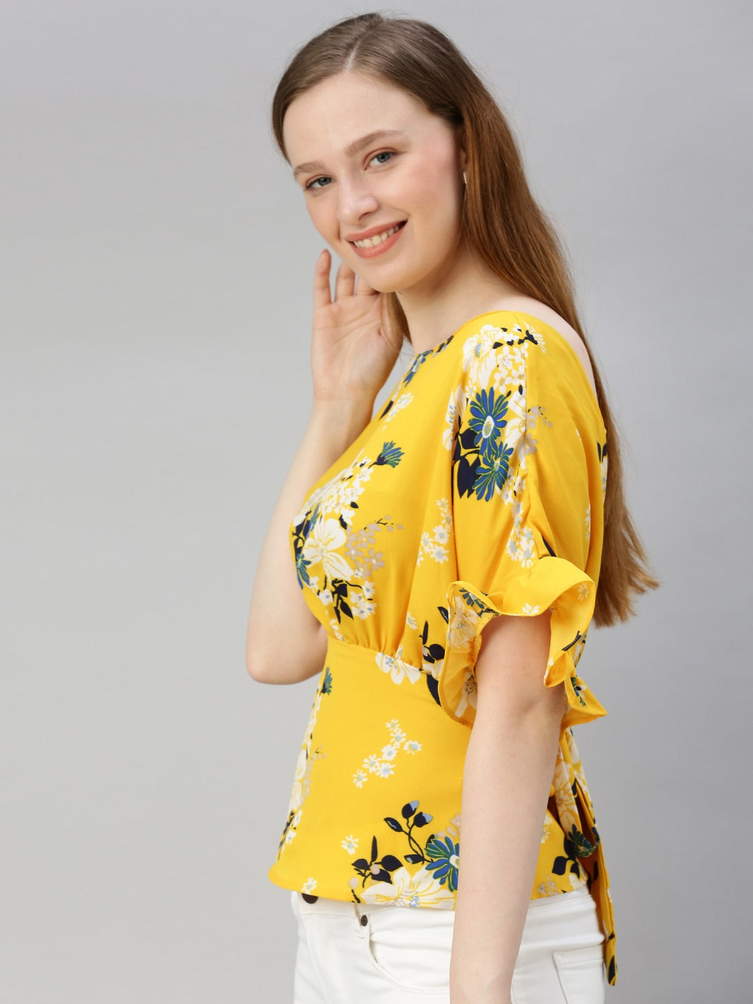 Yellow Floral Printed Styled Back Top with Tie-Up Detail