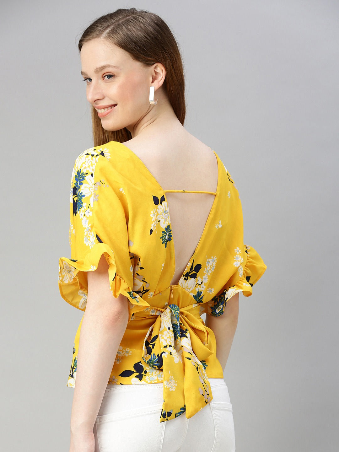 Yellow Floral Printed Styled Back Top with Tie-Up Detail