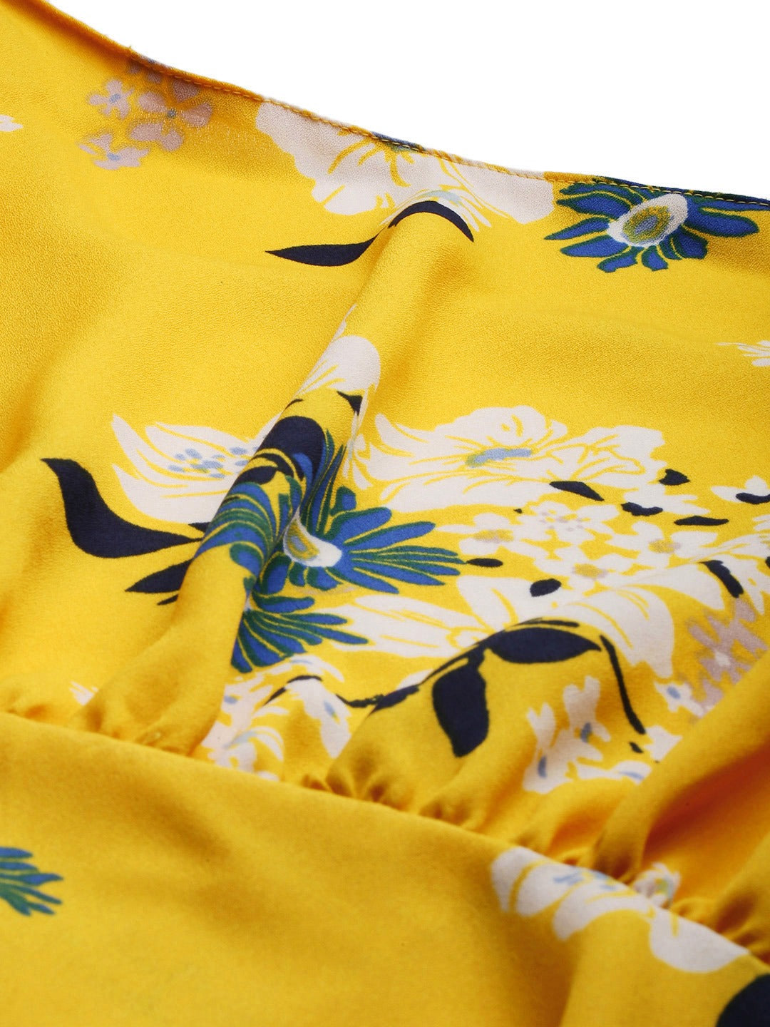 Yellow Floral Printed Styled Back Top with Tie-Up Detail