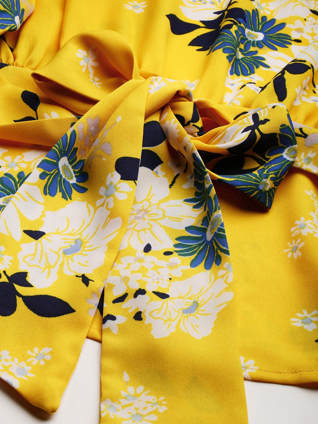 Yellow Floral Printed Styled Back Top with Tie-Up Detail