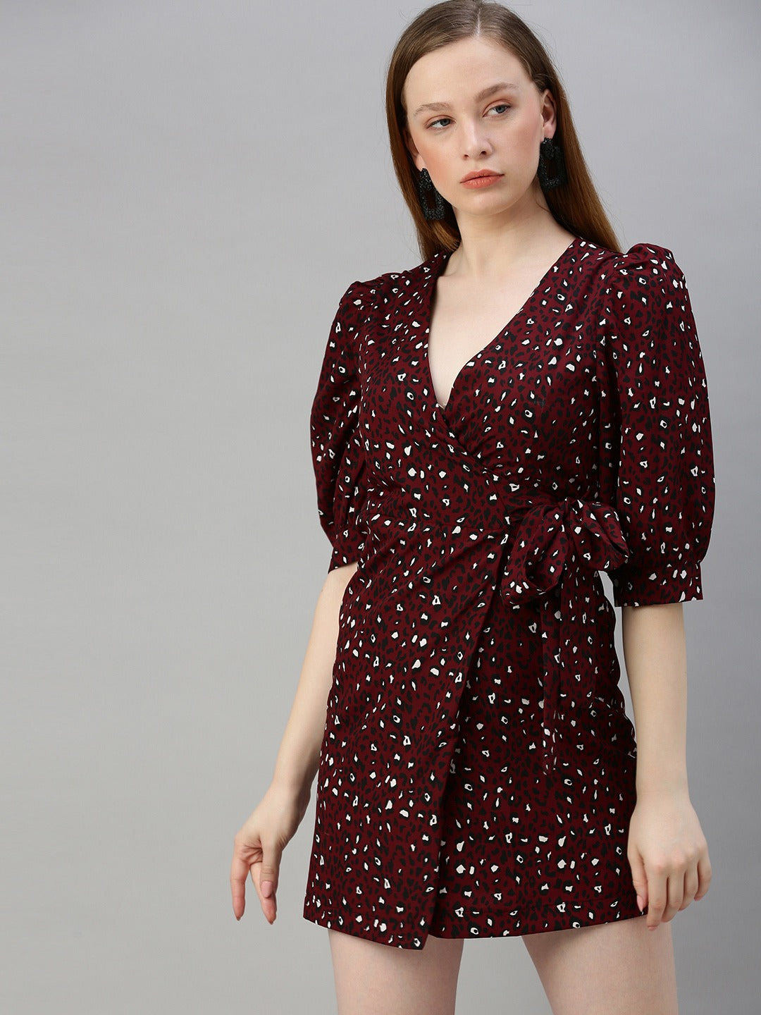 Burgundy & Black Animal Printed Wrap Dress With Waist Tie-ups