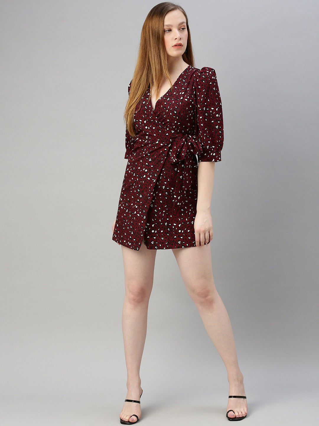 Burgundy & Black Animal Printed Wrap Dress With Waist Tie-ups