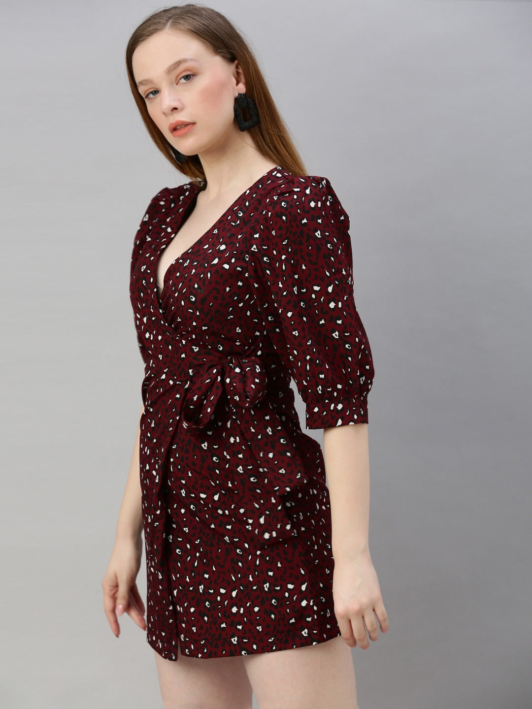 Burgundy & Black Animal Printed Wrap Dress With Waist Tie-ups
