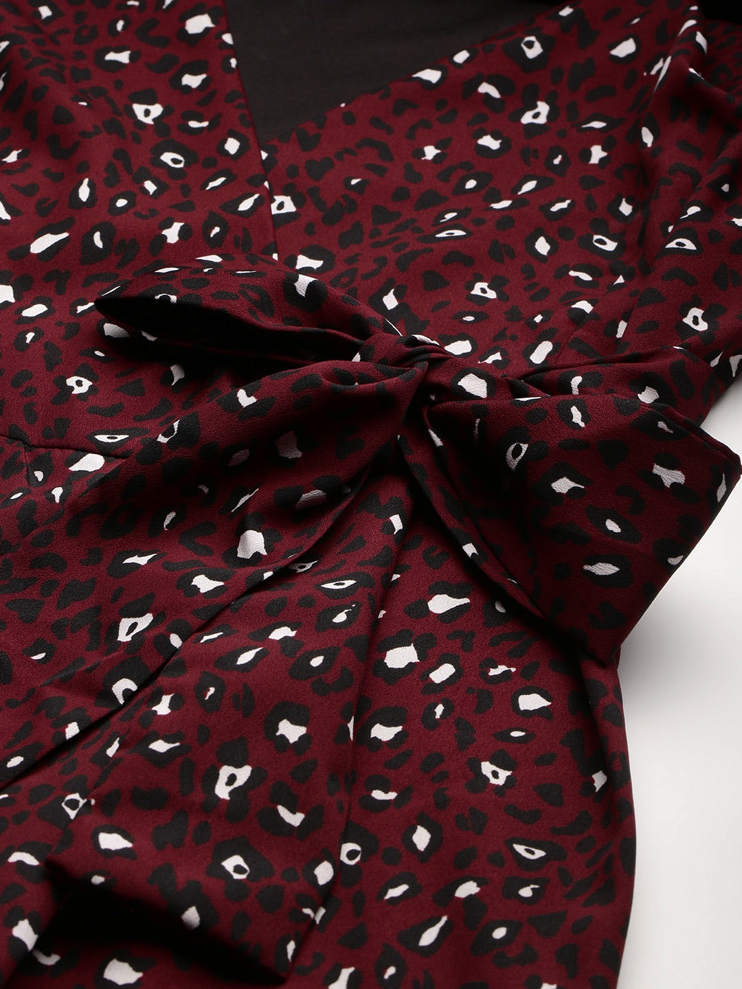 Burgundy & Black Animal Printed Wrap Dress With Waist Tie-ups