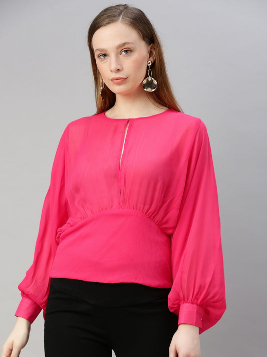 Fuchsia Pink Solid Bishop Sleeved Blouson Top