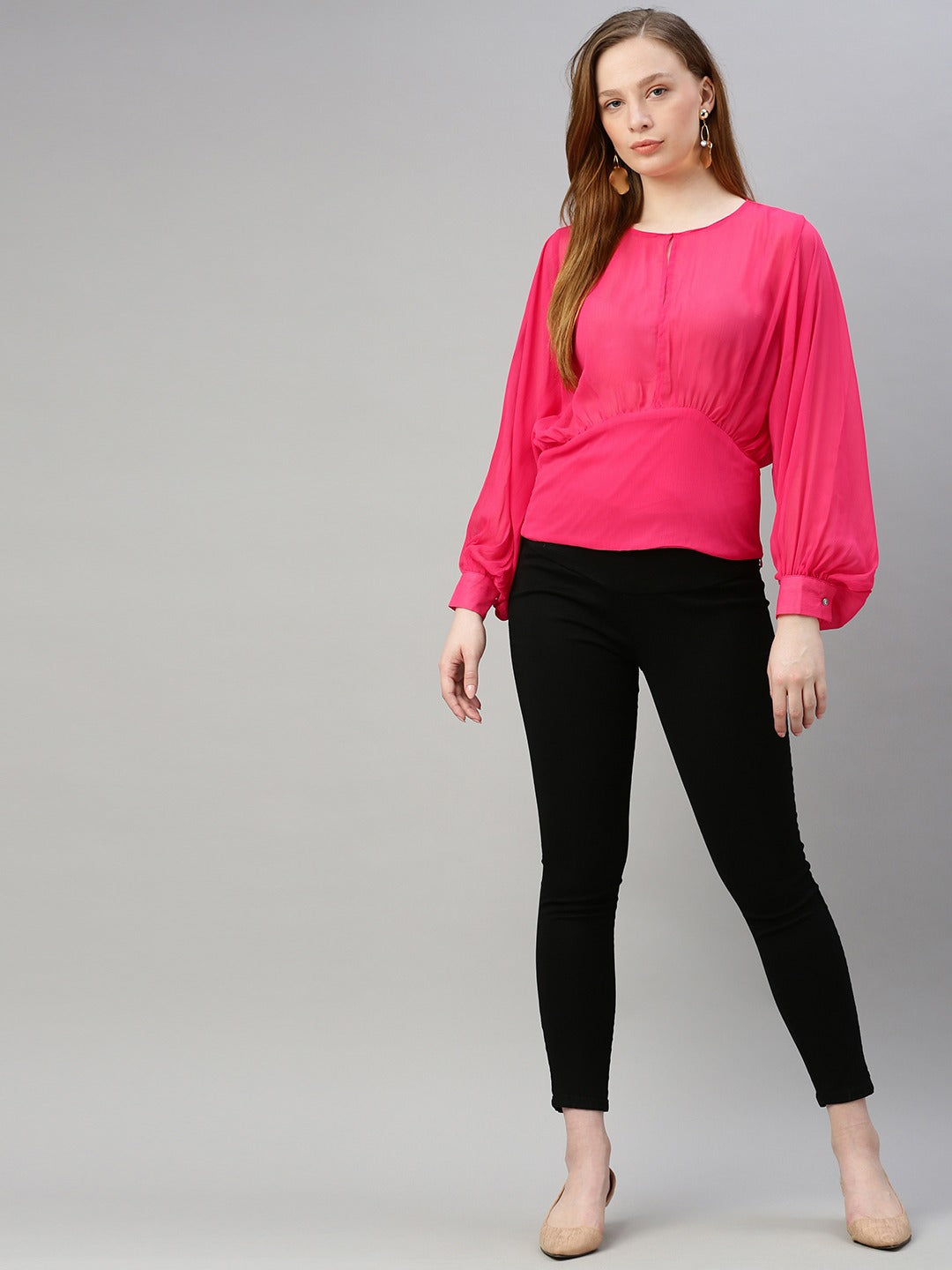 Fuchsia Pink Solid Bishop Sleeved Blouson Top
