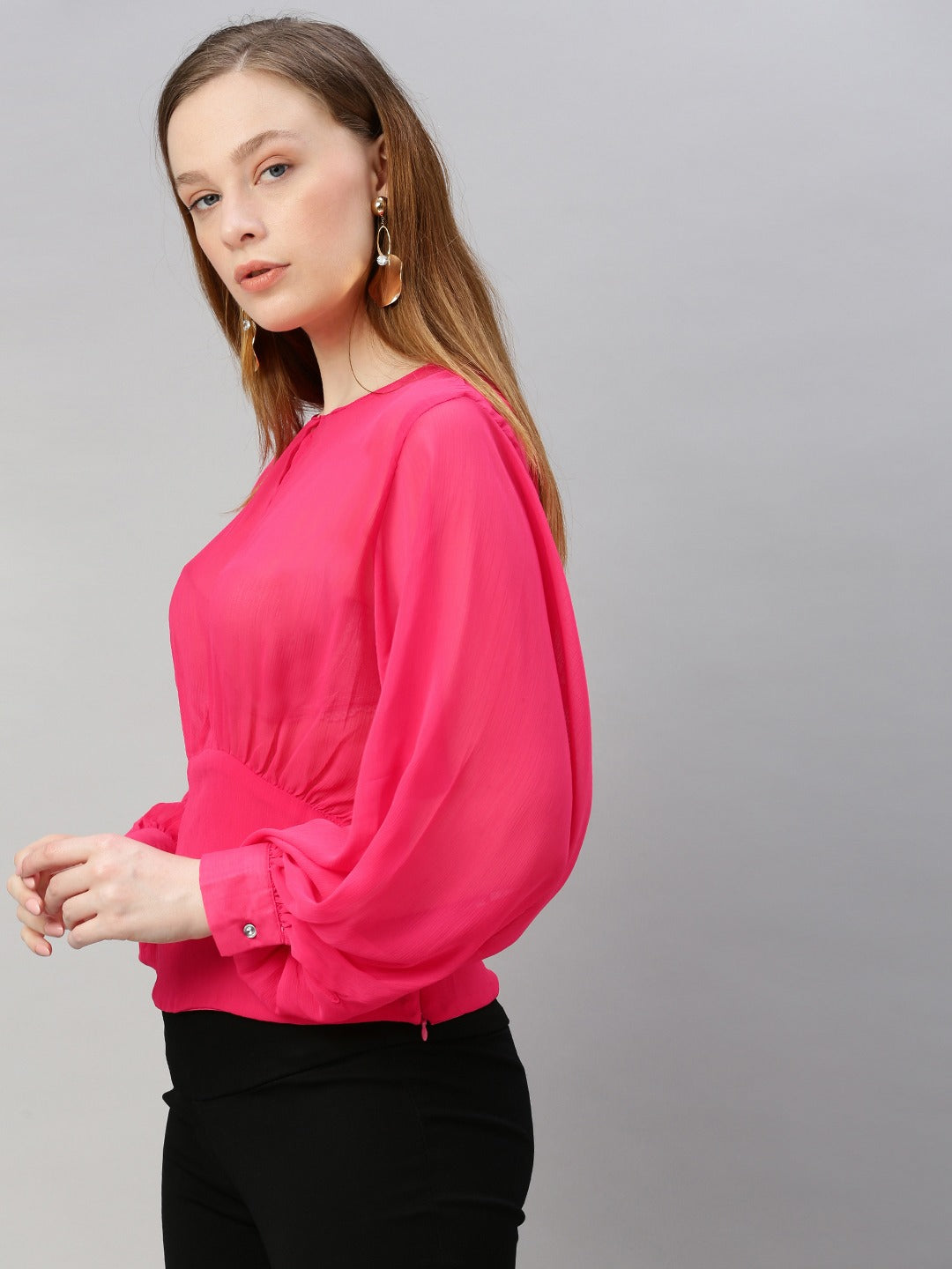 Fuchsia Pink Solid Bishop Sleeved Blouson Top