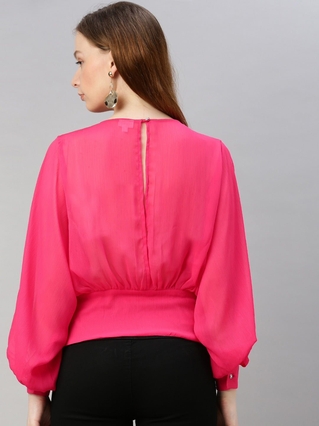 Fuchsia Pink Solid Bishop Sleeved Blouson Top