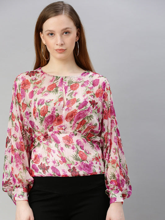 White Floral Printed Bishop Sleeved Blouson Top