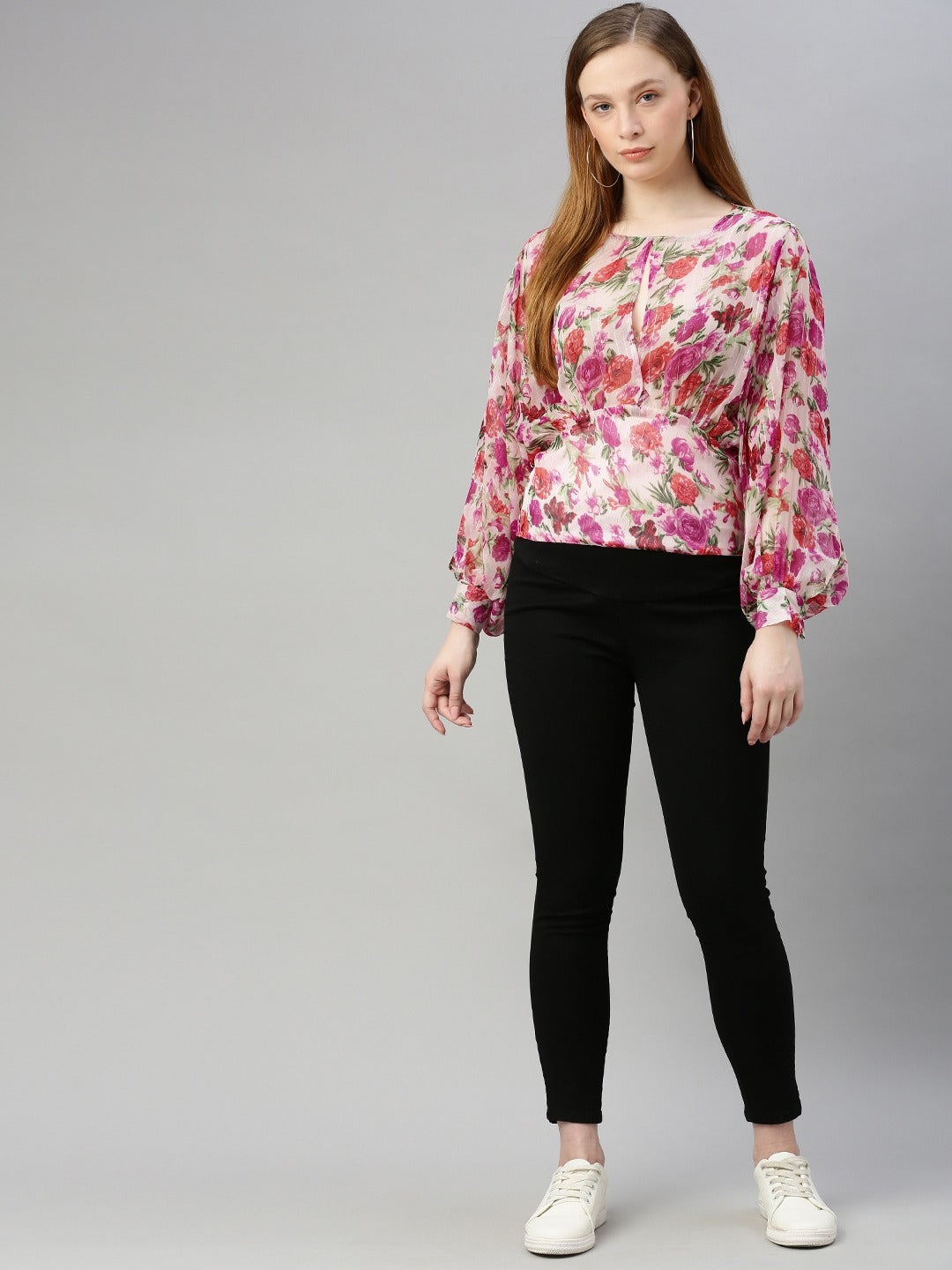 White Floral Printed Bishop Sleeved Blouson Top