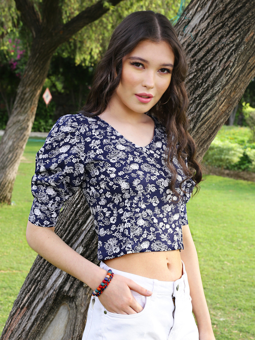 Navy Floral Crop Top