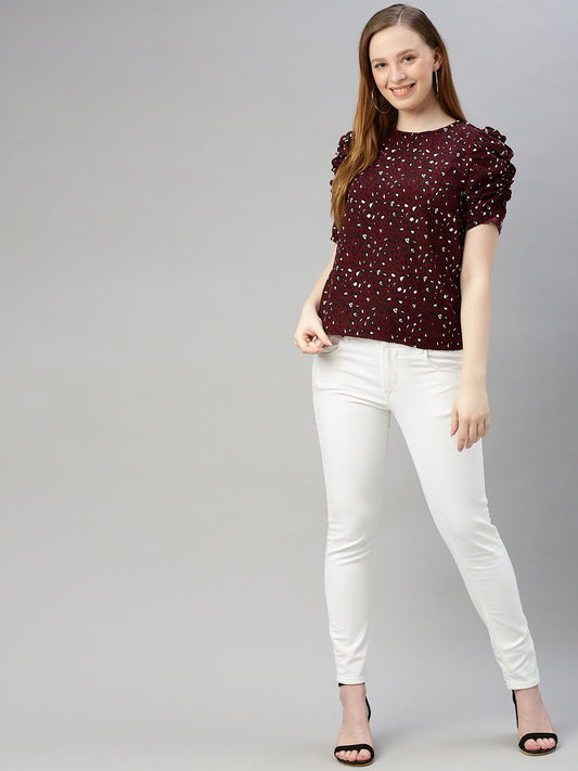 Burgundy & White Printed Ruched Sleeve Top