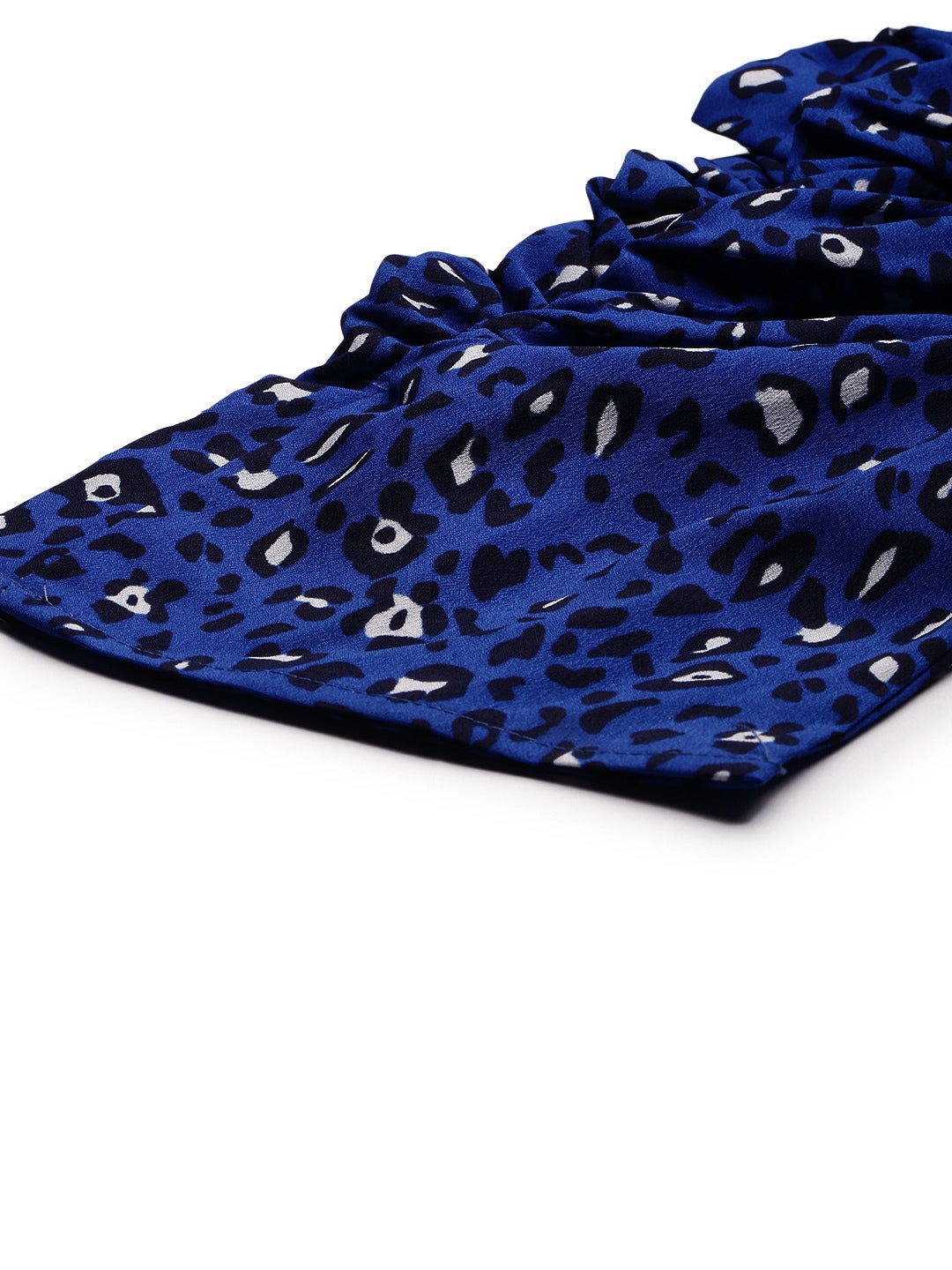 Navy Blue & White Printed Ruched Sleeve Top