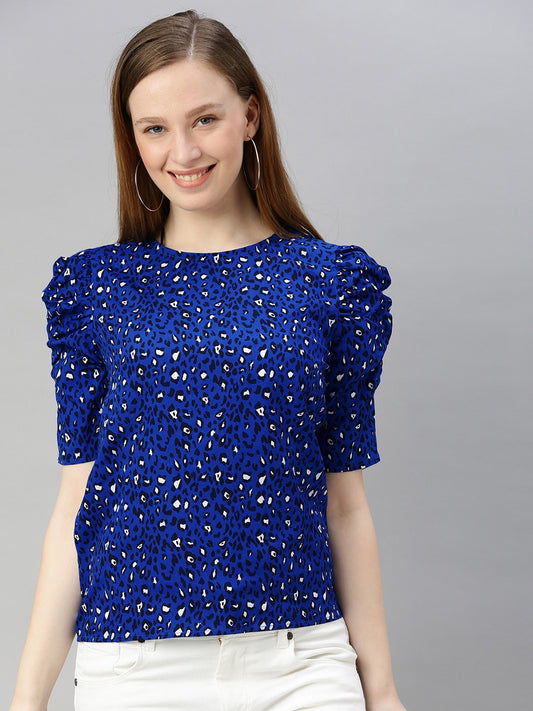 Navy Blue & White Printed Ruched Sleeve Top