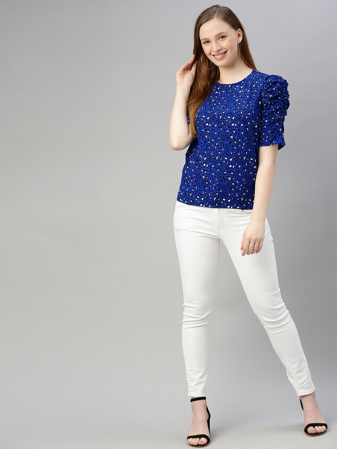 Navy Blue & White Printed Ruched Sleeve Top