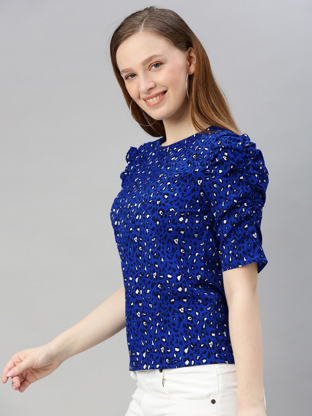 Navy Blue & White Printed Ruched Sleeve Top