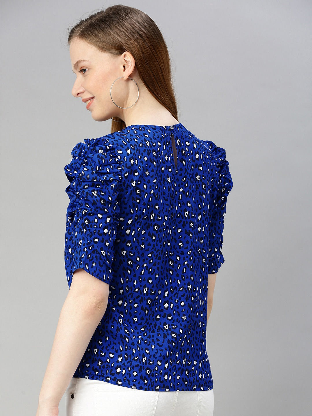 Navy Blue & White Printed Ruched Sleeve Top