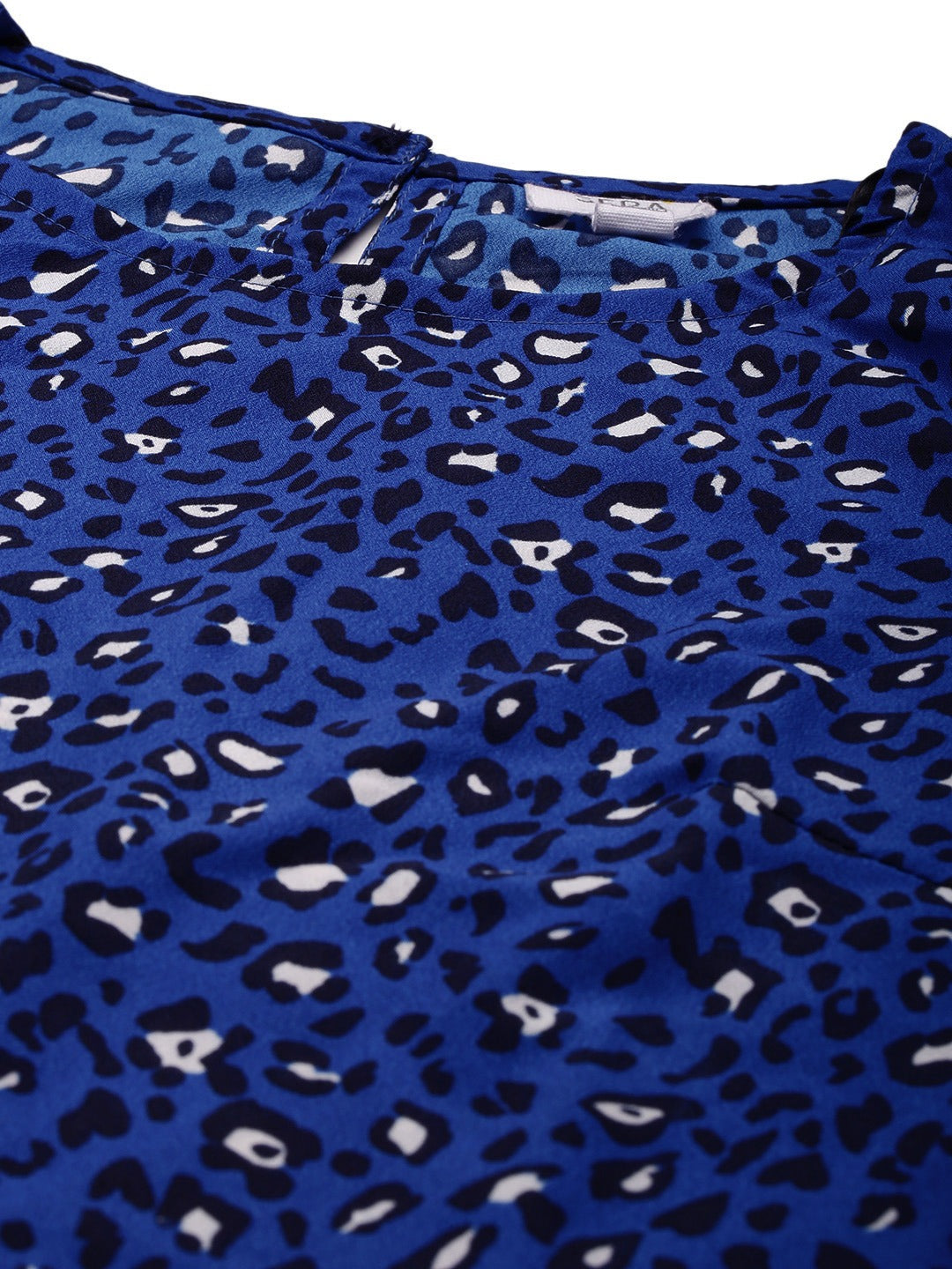 Navy Blue & White Printed Ruched Sleeve Top