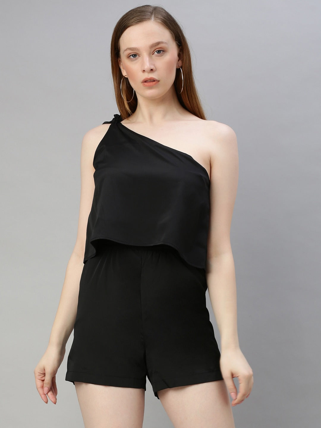 Black Solid Playsuit with One shoulder Side Knot