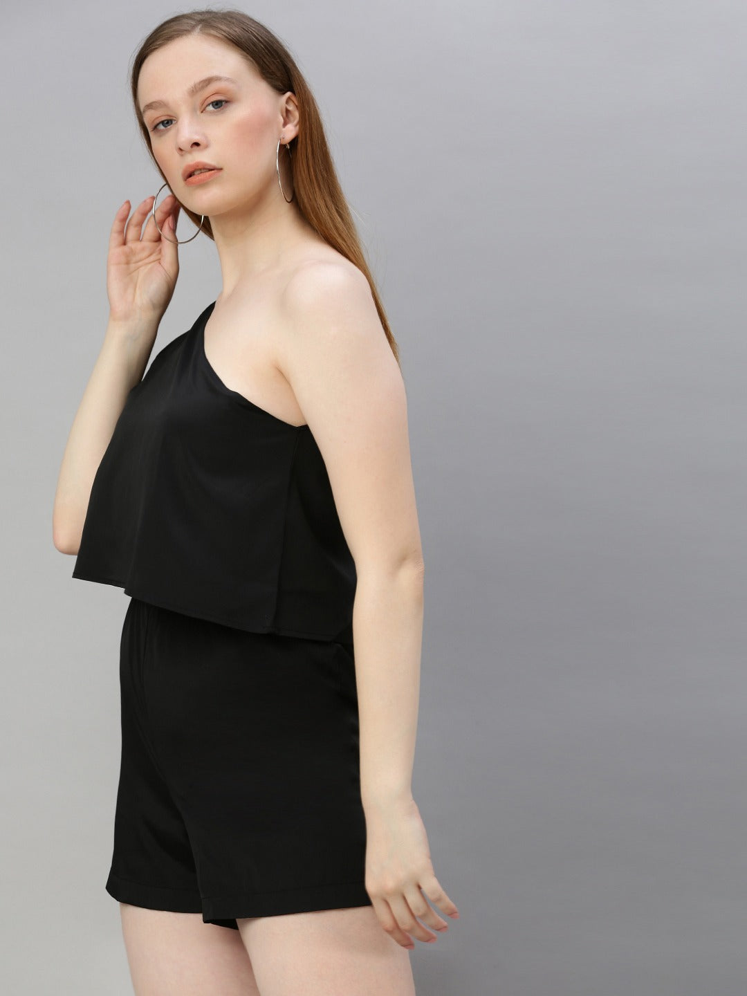 Black Solid Playsuit with One shoulder Side Knot
