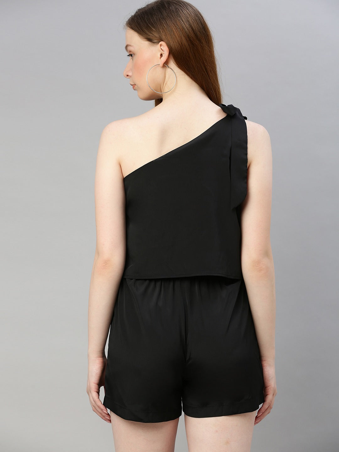 Black Solid Playsuit with One shoulder Side Knot