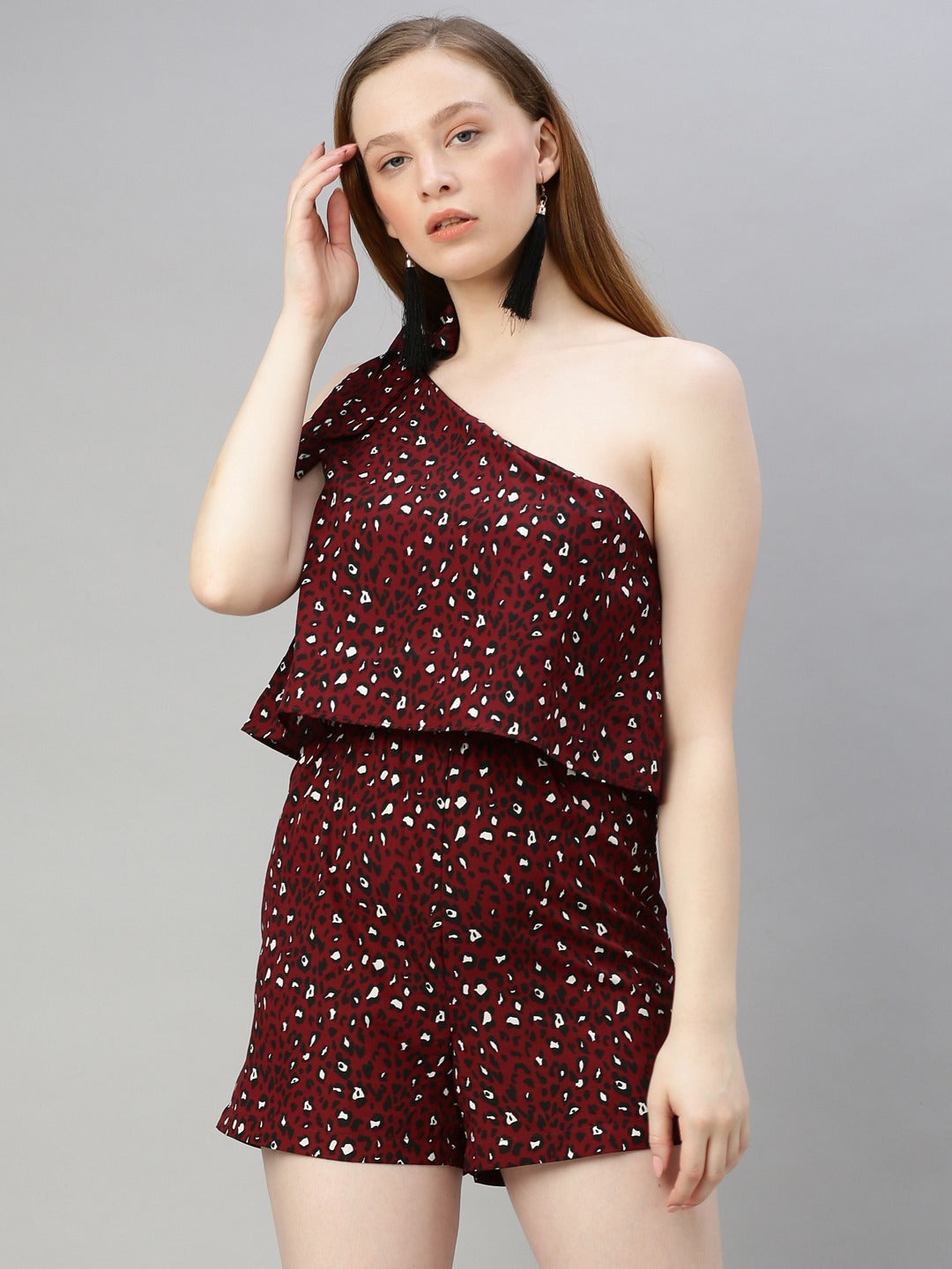 Burgundy & White Printed Playsuit with One Shoulder Side Knot