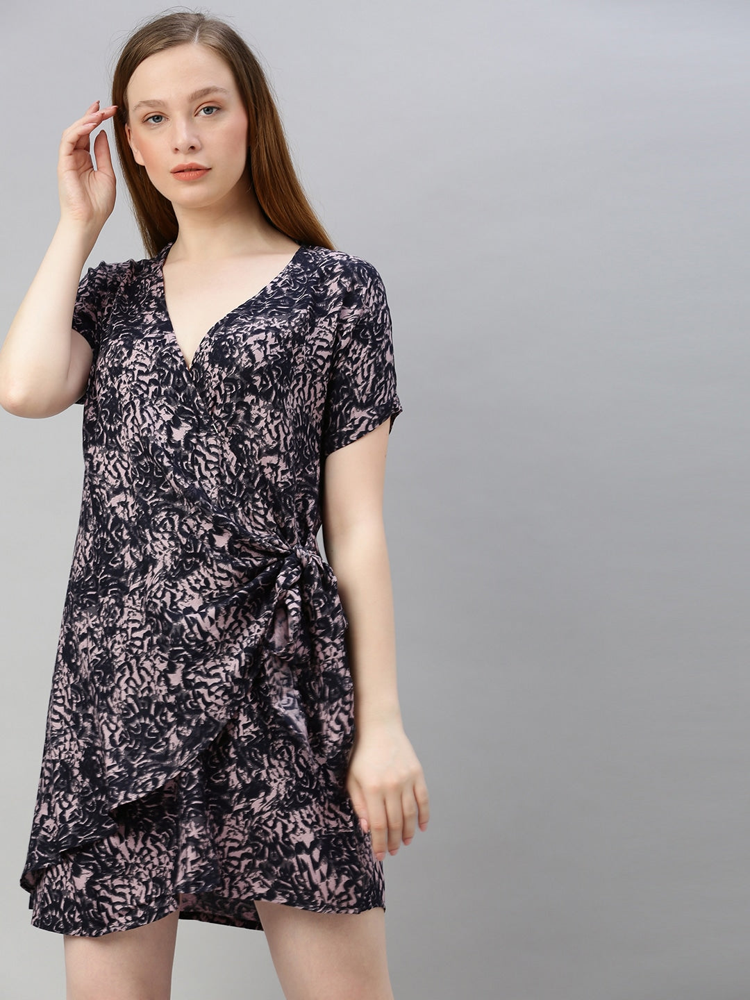 Black & Pink Printed Wrap Dress With Waist Tie-ups