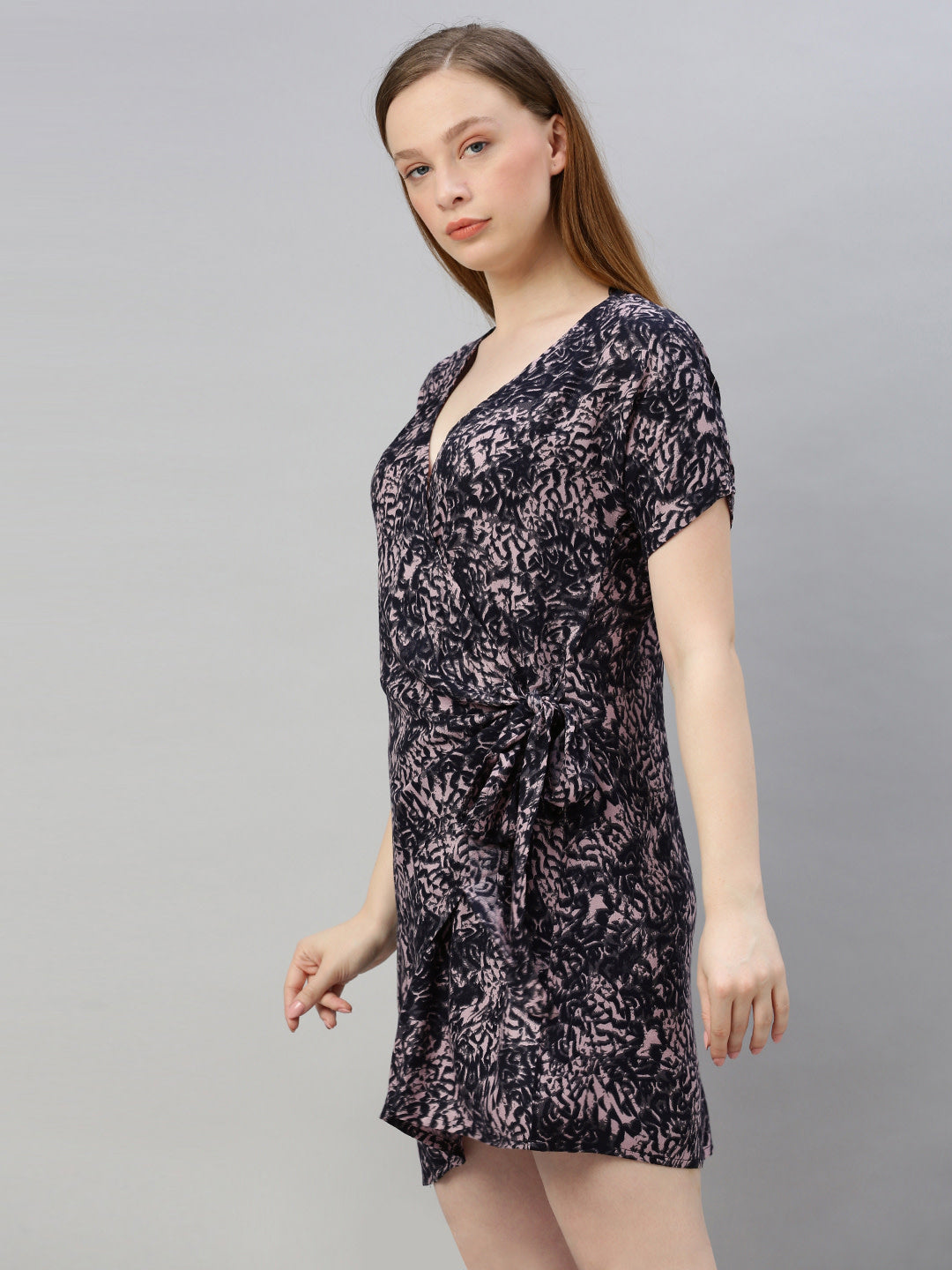 Black & Pink Printed Wrap Dress With Waist Tie-ups