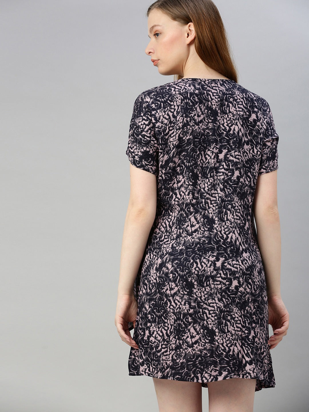 Black & Pink Printed Wrap Dress With Waist Tie-ups